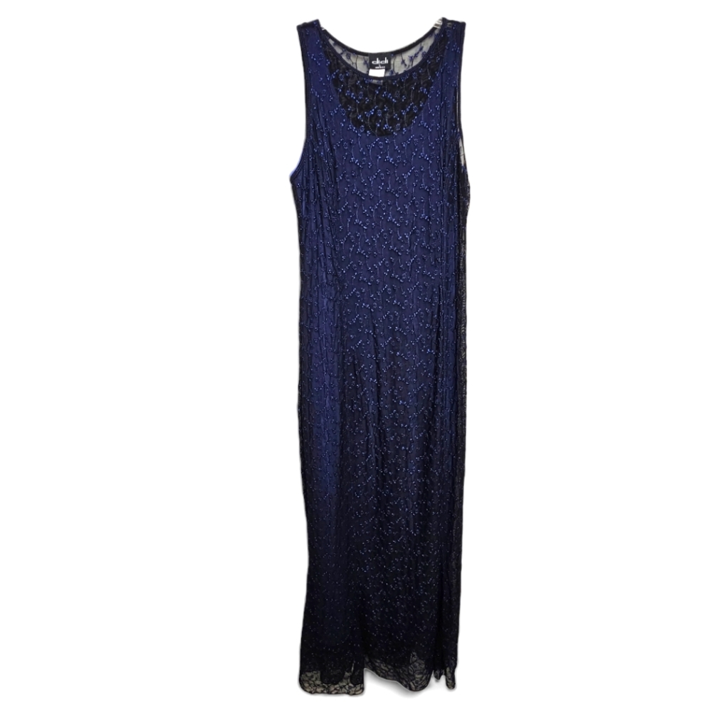 didi Women's Vintage Blue Lace Overlay Bodycon Sleeveless Maxi Dress Size L